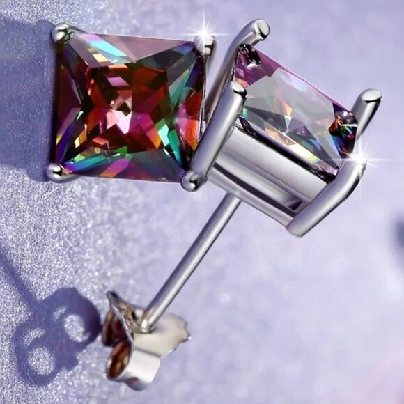 Mystic Rainbow Topaz 3.50CT Princess Cut Earring Pair, 925 Sterling Silver - Picture 6 of 7
